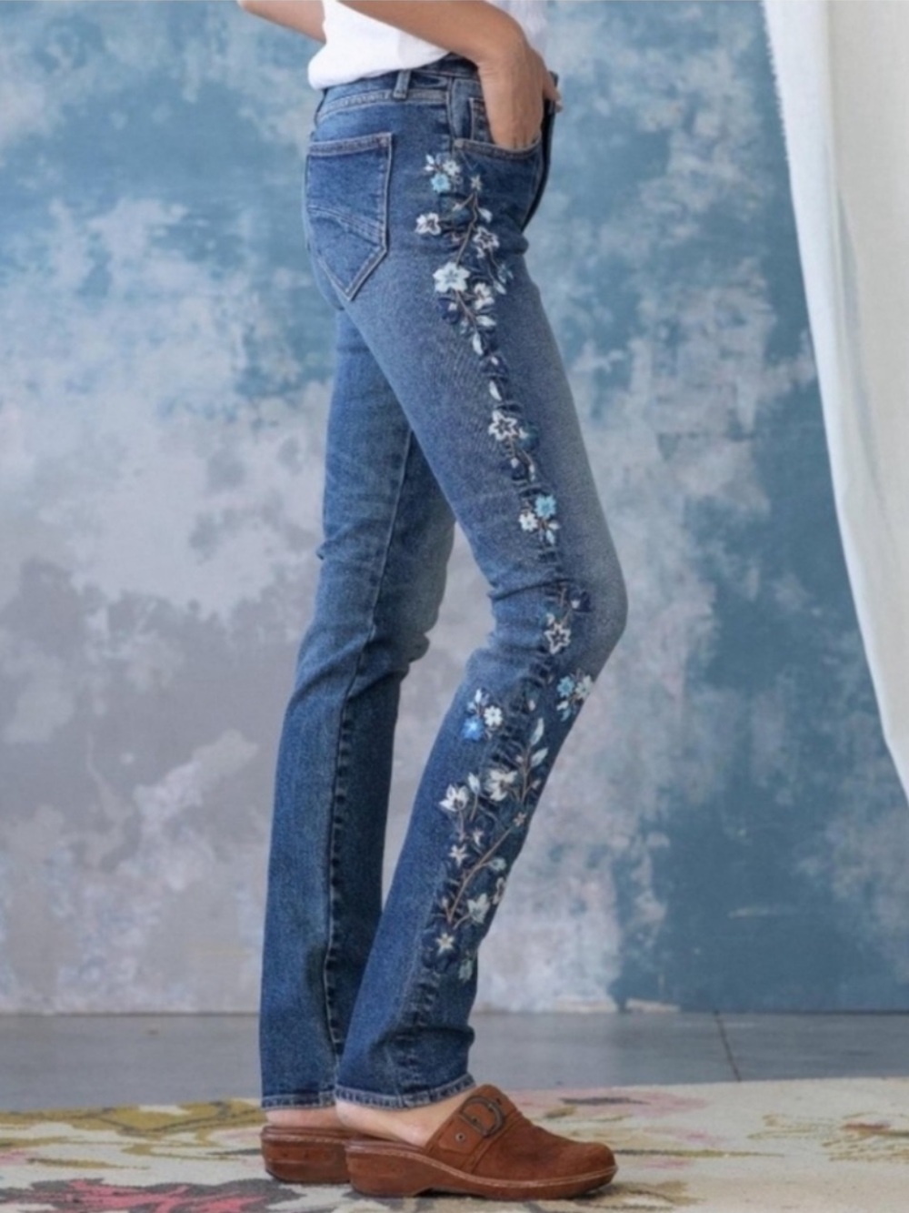 DRIFTWOOD Audrey High Rise Blue Floral & Bird Embroidery Denim Jeans 🦋
